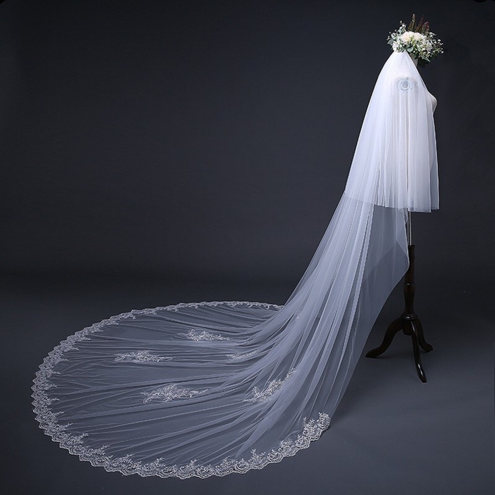 Elegant Long Lace-Edged Wedding Veil in White 3M